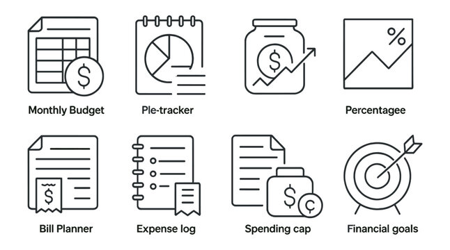Finance budget outline icon set. planning, expenses, savings, money management icons