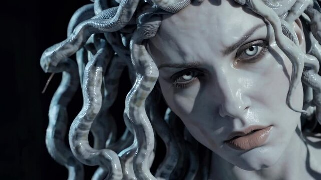 Serpent haired Medusa glaring menacingly, mythical gorgon wielding petrifying stare against shadowy dramatic backdrop, embodying ancient Greek legendary power