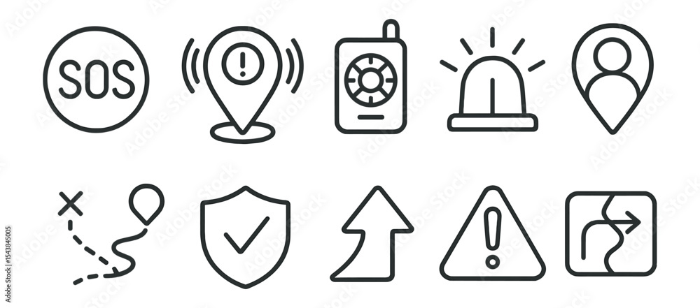 Poster emergency and alert line icon set. safety and navigation icons in outline style