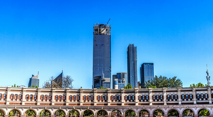 Modern buildings, Tianjin, China. Originally a 1912 Soccer Stadium. Converted to a Plaza Square...