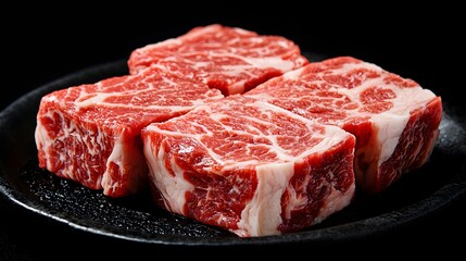 Premium Quality Marbled Beef Cuts on Black Plate Ready for Cooking