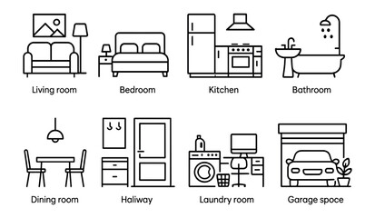 Home interior outline icon set: kitchen, bedroom, living room icons collection