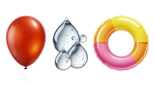 Red balloon water drops and inflatable ring summer fun party decorations for celebration and holidays isolated on a transparent background.