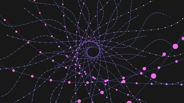 A symmetrical circular design featuring pink and purple dots on a black background, creating a visually appealing and balanced pattern with overlapping and non-overlapping arrangement