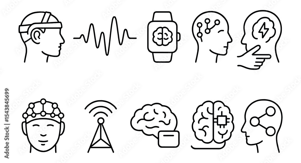 Poster brain technology line icon set. neural, ai, tech symbols in linear style collection