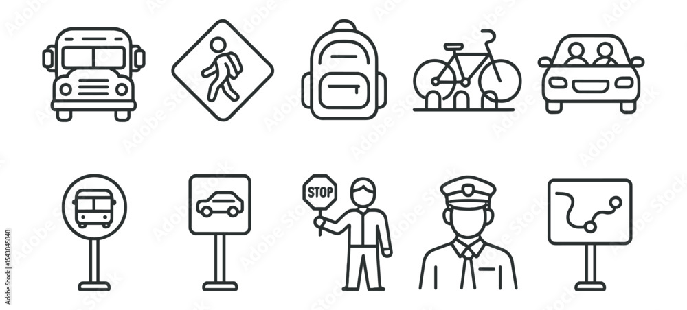 Poster transportation line icon set. travel and commuting symbols in linear style