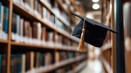 A graduation cap is seen suspended in mid-air, reflecting the excitement and achievement of a significant academic milestone within a library setting.