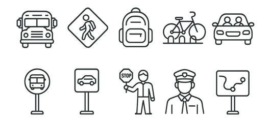 Transportation line icon set. travel and commuting symbols in linear style