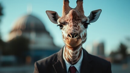An imaginative depiction of a giraffe dressed in a suit, set against an urban backdrop, merging the natural world with human elements in a thought-provoking artistic expression.