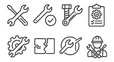 Repair and maintenance line icon set. tools, gear, worker outline design