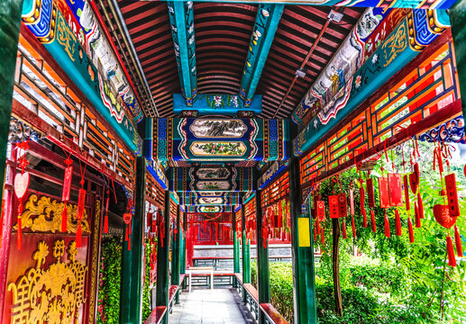Colorful marriage corridor, Tianhou Temple, Guwenhua Jie, Tianjin, China. Temple to Mazu Sea Goddess. Courtyard where couples get married, temple first created 1326 in Yuan Dynasty.