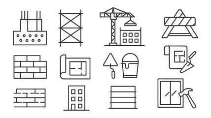 Construction and architecture outline icon set. tools, building, blueprint symbols collection