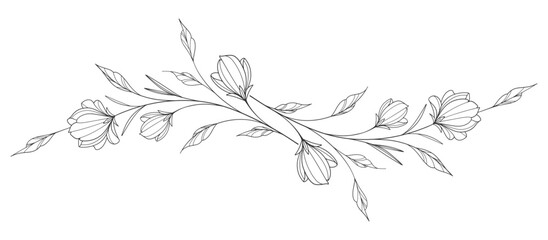 flower and leaves drawing. Vector hand drawn engraved floral card. Botanical, branch and flower Black ink sketch. Great for tattoo, invitations, greeting cards, decor © sense