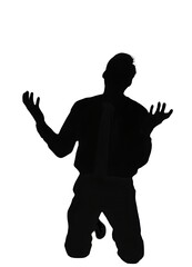 Shadow of Serenity: A solitary figure kneels in silhouette, arms raised in a gesture of prayer and supplication, against a stark backdrop, evoking a sense of contemplation, reverence.