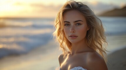 Blonde Woman Beach Sunset Portrait.