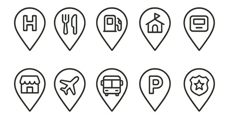 Travel and navigation outline icon set featuring transportation and food symbols