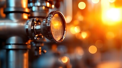 The image captures a metallic pressure gauge on pipes, reflecting a warm sunset light, symbolizing industrial efficiency and the beauty of machinery in modern environments.
