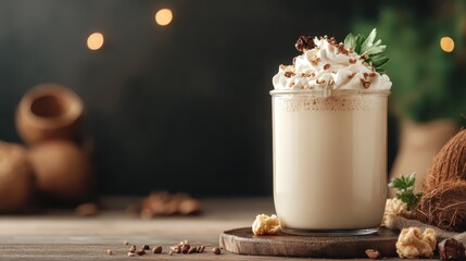 A beautifully crafted coffee drink topped with whipped cream and garnished, showcasing culinary artistry and the enjoyable moments of savoring delicious treats in cozy settings.