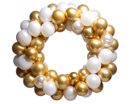 Chic Balloon Garland Wreath in White and Gold Tones  Isolated PNG