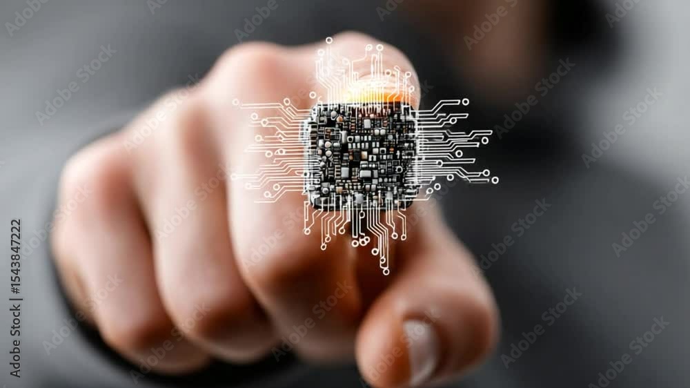 Poster fingertip interacting with holographic microchip circuitry