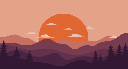 Obraz premium Layered mountains at sunset with a large orange sun and clouds for calm home decor and nature themed projects