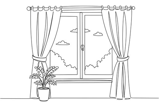Line drawing of a window with curtains, a potted plant, and a view of clouds in the sky