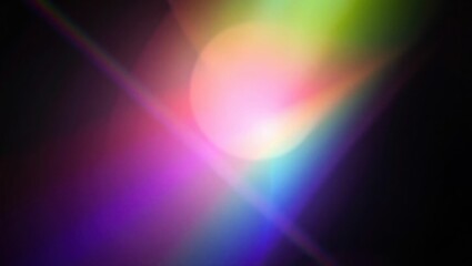 Blurred rainbow refraction overlay effect. Light lens prism effect on black background. Holographic reflection, crystal flare leak shadow overlay. Colorful rainbow disco ball light