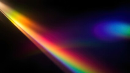 Blurred rainbow refraction overlay effect. Light lens prism effect on black background. Holographic reflection, crystal flare leak shadow overlay. Colorful rainbow disco ball light