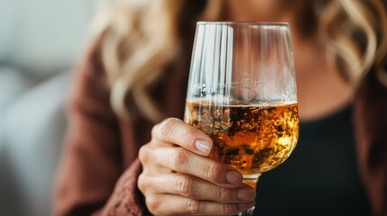 A close-up of a woman holding a glass filled with sparkling beverage, emanating happiness and celebration, showcasing everyday moments of joy and relaxation in social settings.