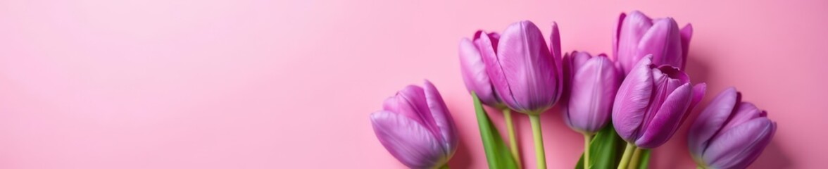Fototapeta premium Elegant purple tulip bouquet against soft pink backdrop , spring flowers, purple, purple