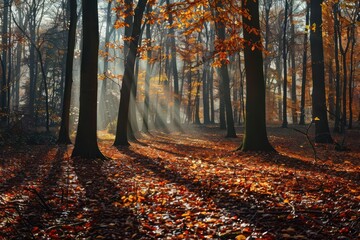 Obraz premium Autumn forest filled with orange, red, and yellow leaves, sunlight casting long shadows through the trees