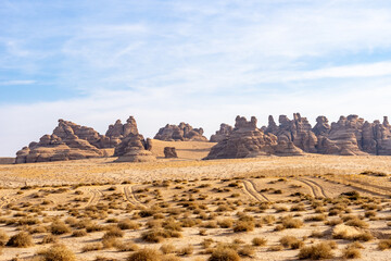 Scenic desert road between AlUla and Tabuk, Saudi Arabia