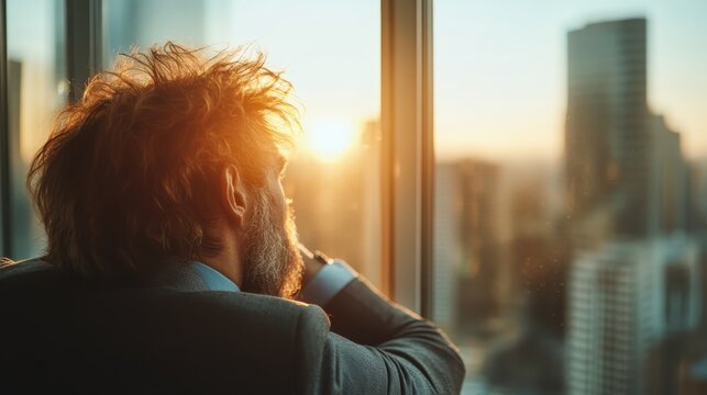 A contemplative man in a suit gazes out at a golden sunset above a bustling city, embodying a moment of reflection, inspiration and connection with the fast-paced life.