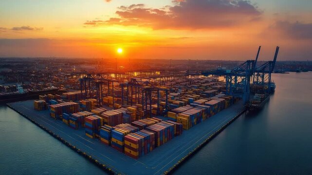 Sunset over a busy port, full of colorful shipping containers