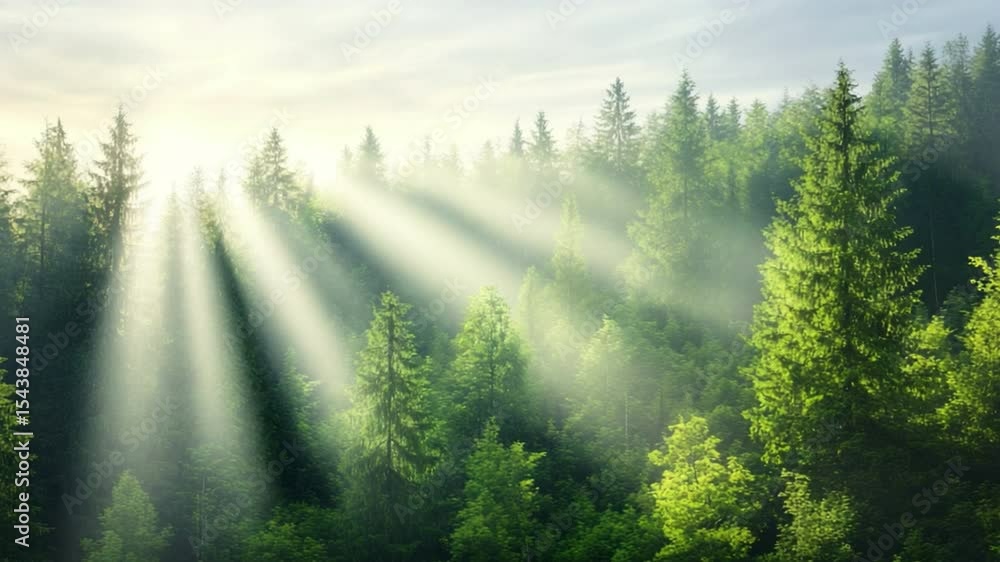 Poster Sunlit Forest: Sunlight streams through the emerald canopy of a dense forest, illuminating the mist and creating a dreamlike atmosphere, symbolizing hope and tranquility.