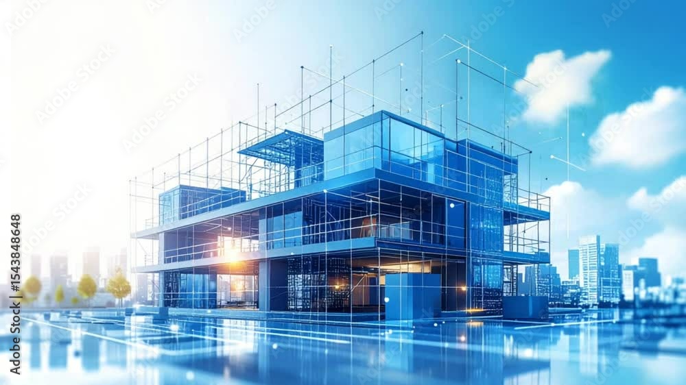 Poster futuristic architectural visualization of modern building with digital overlay