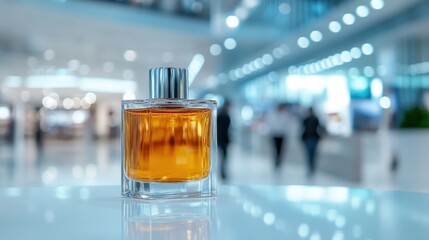 A beautifully designed perfume bottle sits on a sleek surface, capturing attention in an elegant retail space with blurred shoppers in the background, evoking luxury and desire.