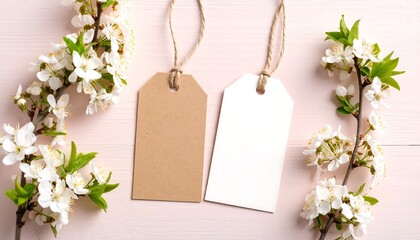 Blank tags with spring flowers, and wood.