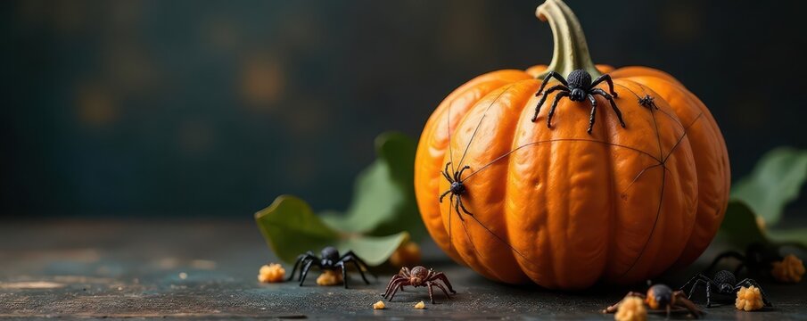 Pumpkin with spider web and fake spiders on its surface, creepy, spiders, fall