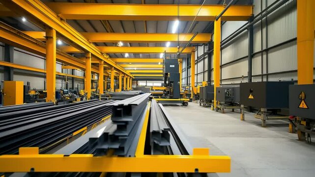 Door sheet metal in manufacturing plant, Metal sheet forming machine conveyor belt in factory, Roof tile manufacturing, Industrial metalworking concept	
