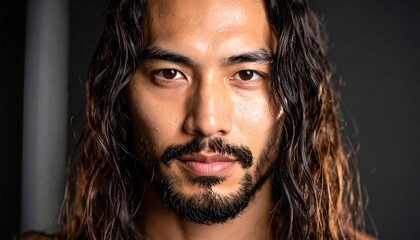 Man with long hair with dark background.
