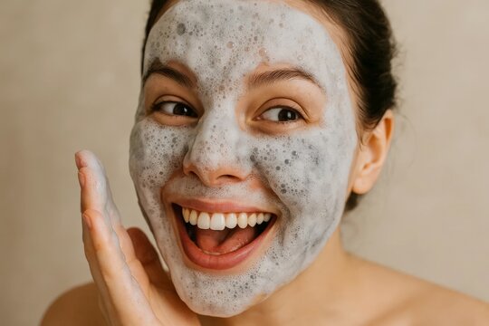 Cheerful woman with bubble face mask smiling playfully during skincare routine, cleansing her face in a bright, natural setting, enjoying refreshing self-care.