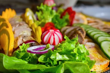 Colorful salad platter with sliced vegetables, leafy greens, chicken, and carved radish. Ideal for illustrating healthy eating, freshness, and gourmet food visuals.