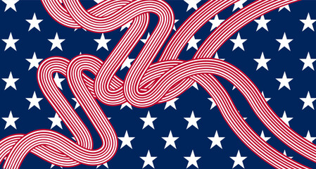 Abstract American flag concept with twisted red and white stripes over a blue background with white stars. Patriotic and symbolic design.