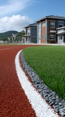 Fototapeta premium Training on a modern red running track at a high school sports field with buildings in the background under a clear blue sky