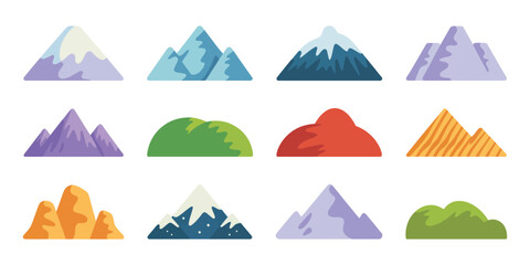 Flat rock mountains relief with snowy cliffs isolated rocky peak and cartoon canyon silhouette nature hiking vector design

