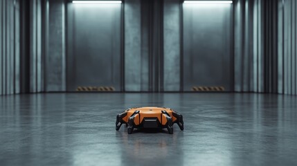 An innovative robotic device is positioned within a futuristic warehouse, highlighting technology's evolution and its role in modern industry and workspace environments.