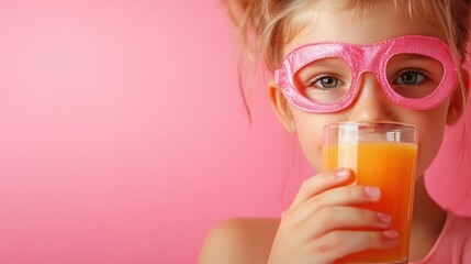 A joyful young girl wearing vibrant pink glasses, taking a sip from her tall glass of orange juice, embodying the spirit of youth, fun, and happiness in life.