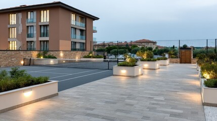 New sports court designed for residents features modern green mesh fencing and red grid lines, illuminated by street lighting as dusk settles over the courtyard.