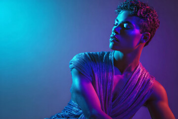 Vibrant LGBTQ+ Portrait of Muscular Man in Shimmering Outfit with Colorful Lighting